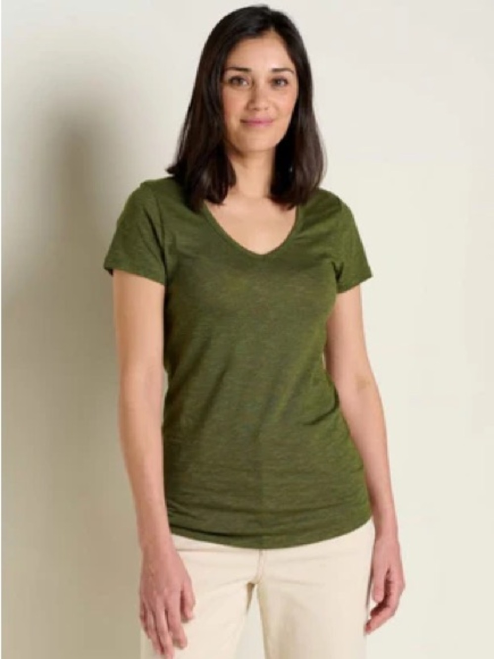 Toad&Co Marley II SS Tee Olive Green V-Neck Eco-Friendly Top Size M